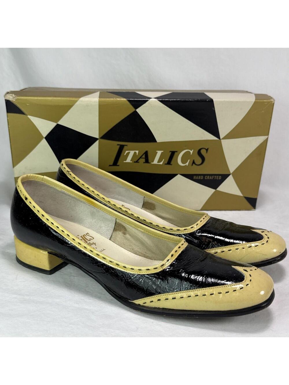 1960’s Italics By Valley Spectator Pumps Black Patent Leather Retro Yellow Trim